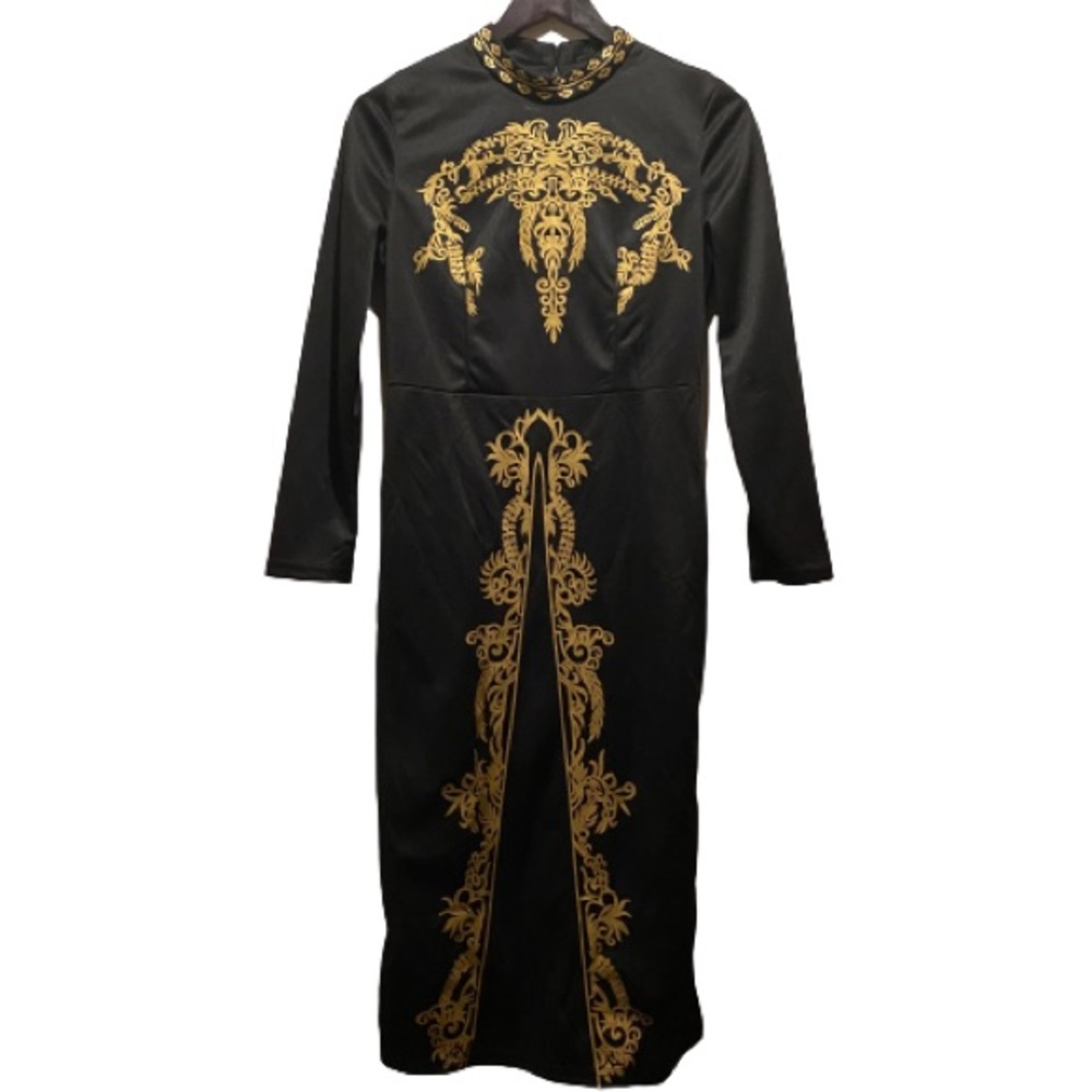 Vintage 70’s gold on black printed dress